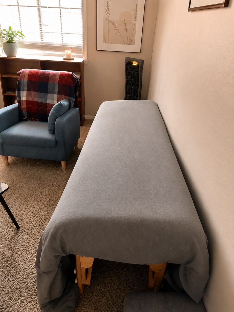 Dusten's energy healing room with a massage table, armchair and soft lighting