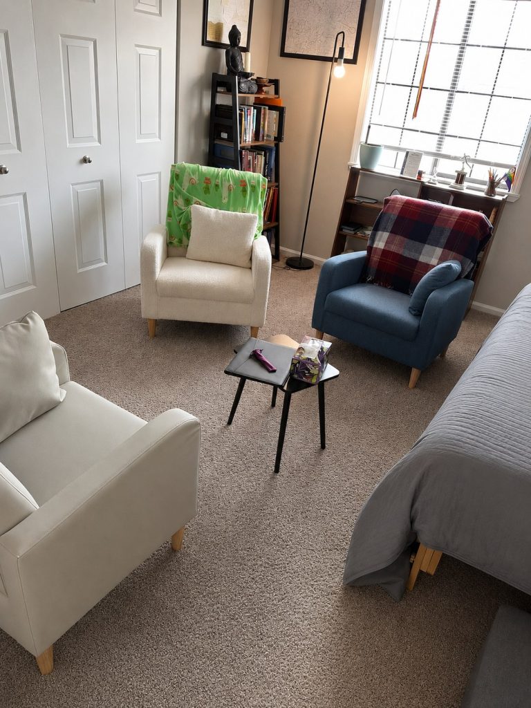Dusten's reading room with three armchairs arranged around a small table